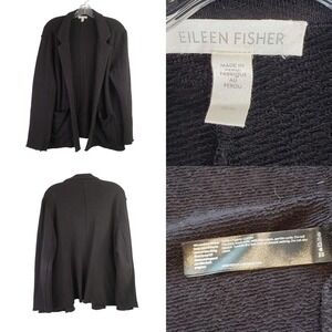 Eileen Fisher Women M Black Organic Cotton Open Cardigan Soft Knit LS Longline